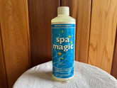 A bottle of Spa Magic spa treatment, with a label indicating it is a product from Doctor's Choice, primarily blue and white in color, 500ml size. Sulis cleaner